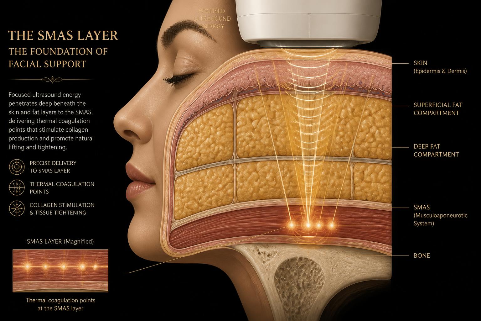 Anatomia da face mostrando epiderme, compartimentos de gordura e camada SMAS atingida pelo ultrassom microfocado